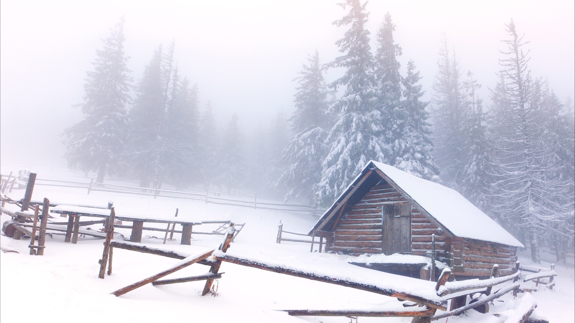 architecture, Houses, Cabin, Shed, Fence, Winter, Snow, Nature, Landscapes, Fog, Trees, Meadow, Forest Wallpaper