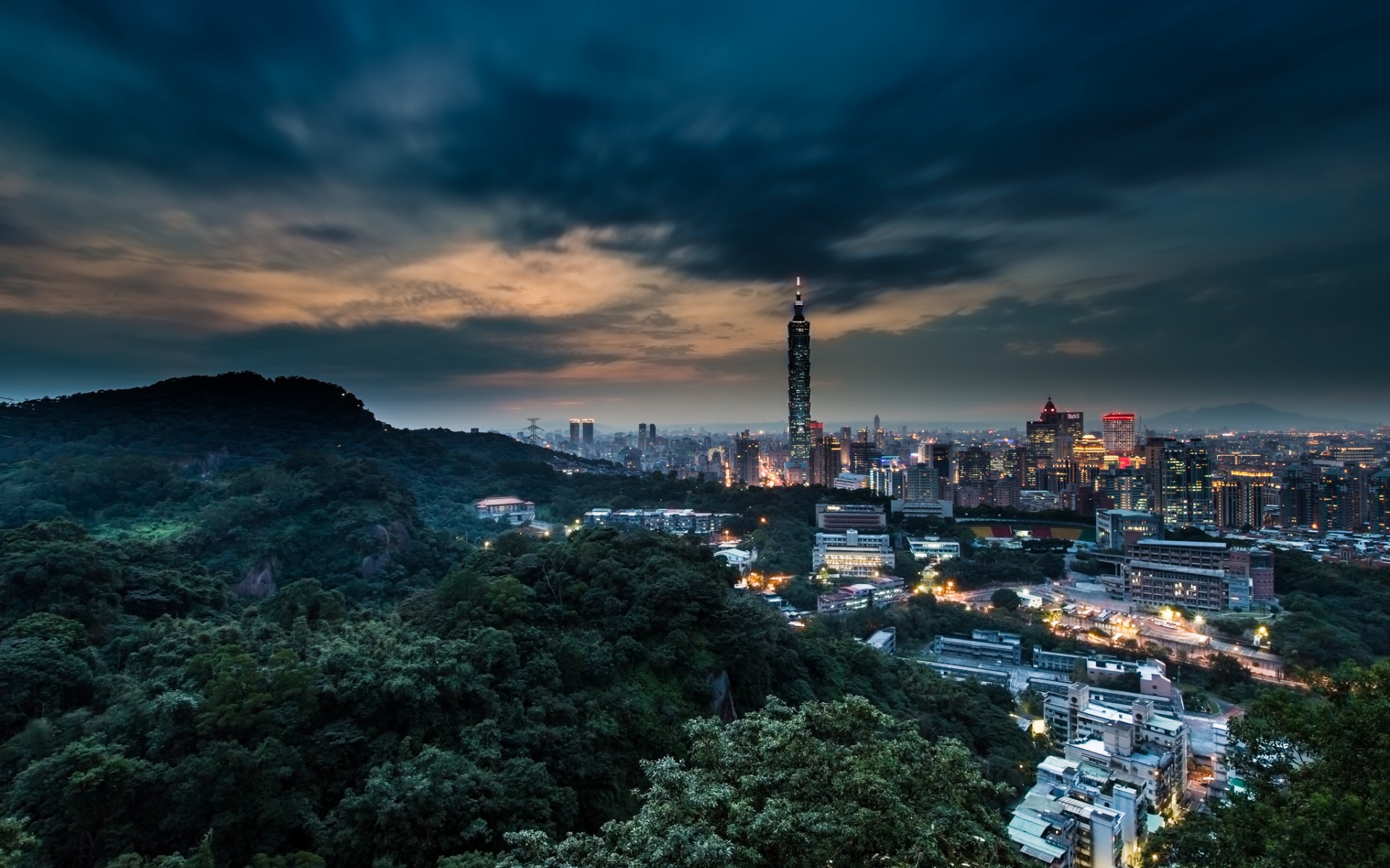 china, Taiwan, Taipei, Cities, Architecture, Buildings, Sky, Clouds, Trees, Night, Sunset, Sunrise, Lights Wallpaper