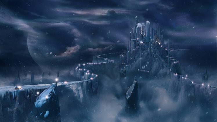 cities, Sci fi, Architecture, Buildings, Skyscraper, Roads, Mountains, Castke, Fantasy HD Wallpaper Desktop Background