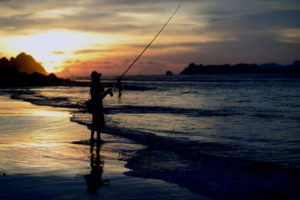 fishing, Person, Silhouette, Beach, Ocean, Sunset, People, Fishing, Sea, Waves