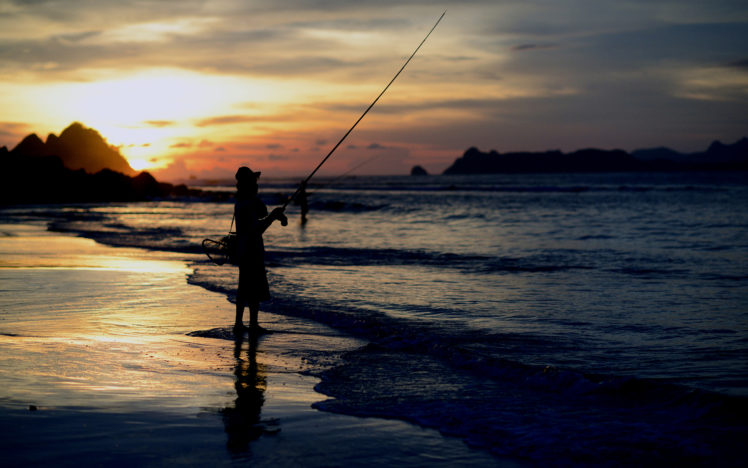 fishing, Person, Silhouette, Beach, Ocean, Sunset, People, Fishing, Sea, Waves HD Wallpaper Desktop Background