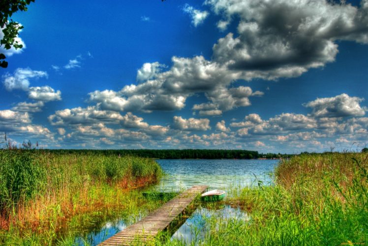lake, Pier, Sky, Blue, Clouds, Nature HD Wallpaper Desktop Background