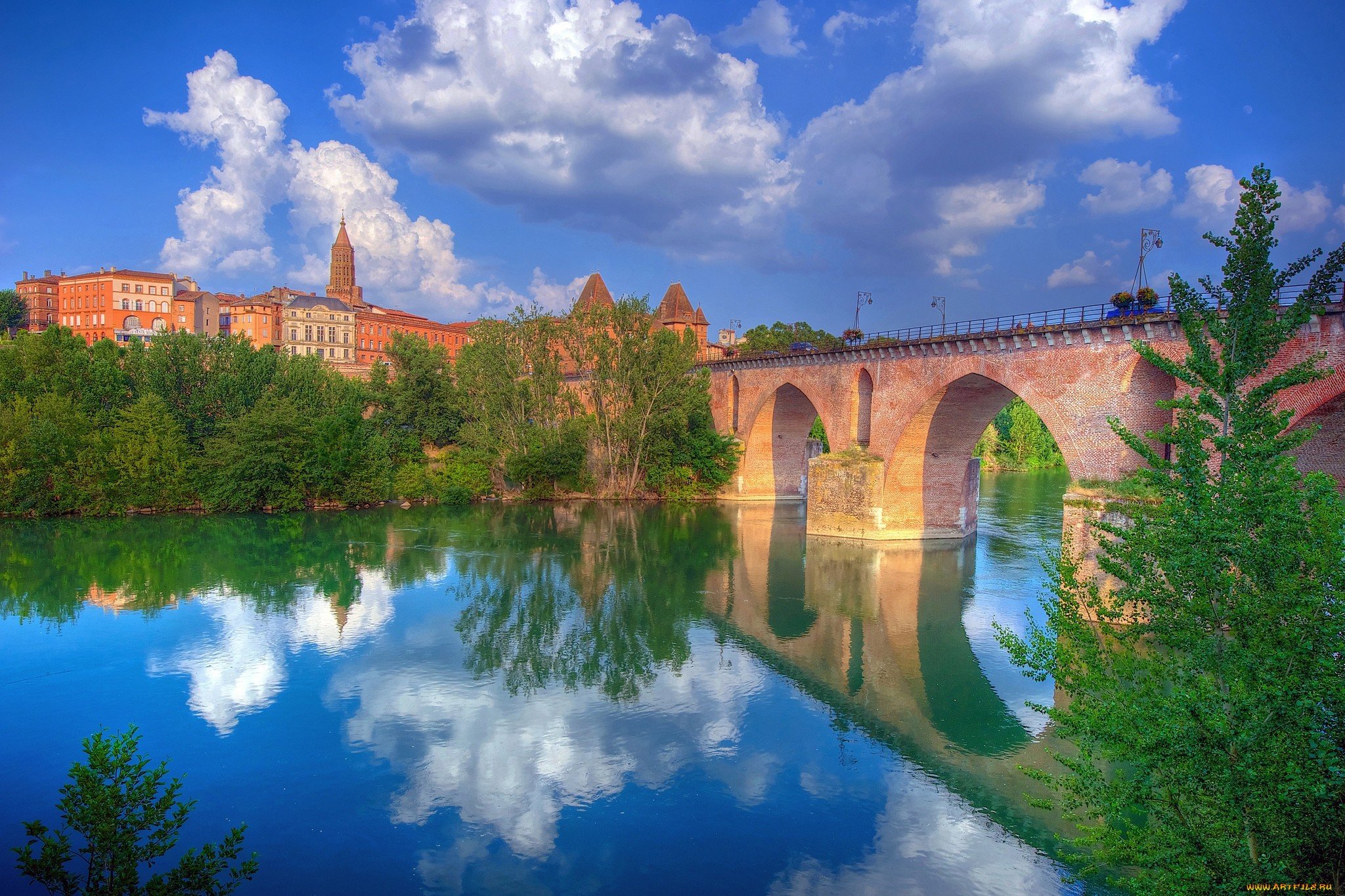 sky, Blue, Clouds, Nature, Green, River, Bridge Wallpaper