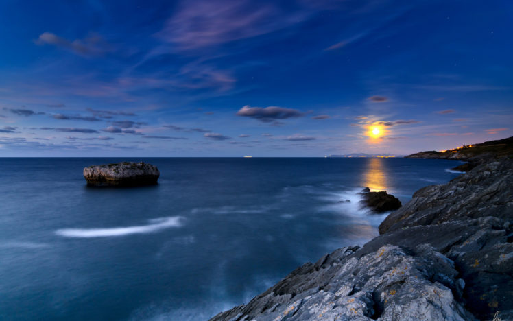 ocean, Rocks, Stones, Clouds, Moonlight, Coast, Shore, Sky HD Wallpaper Desktop Background