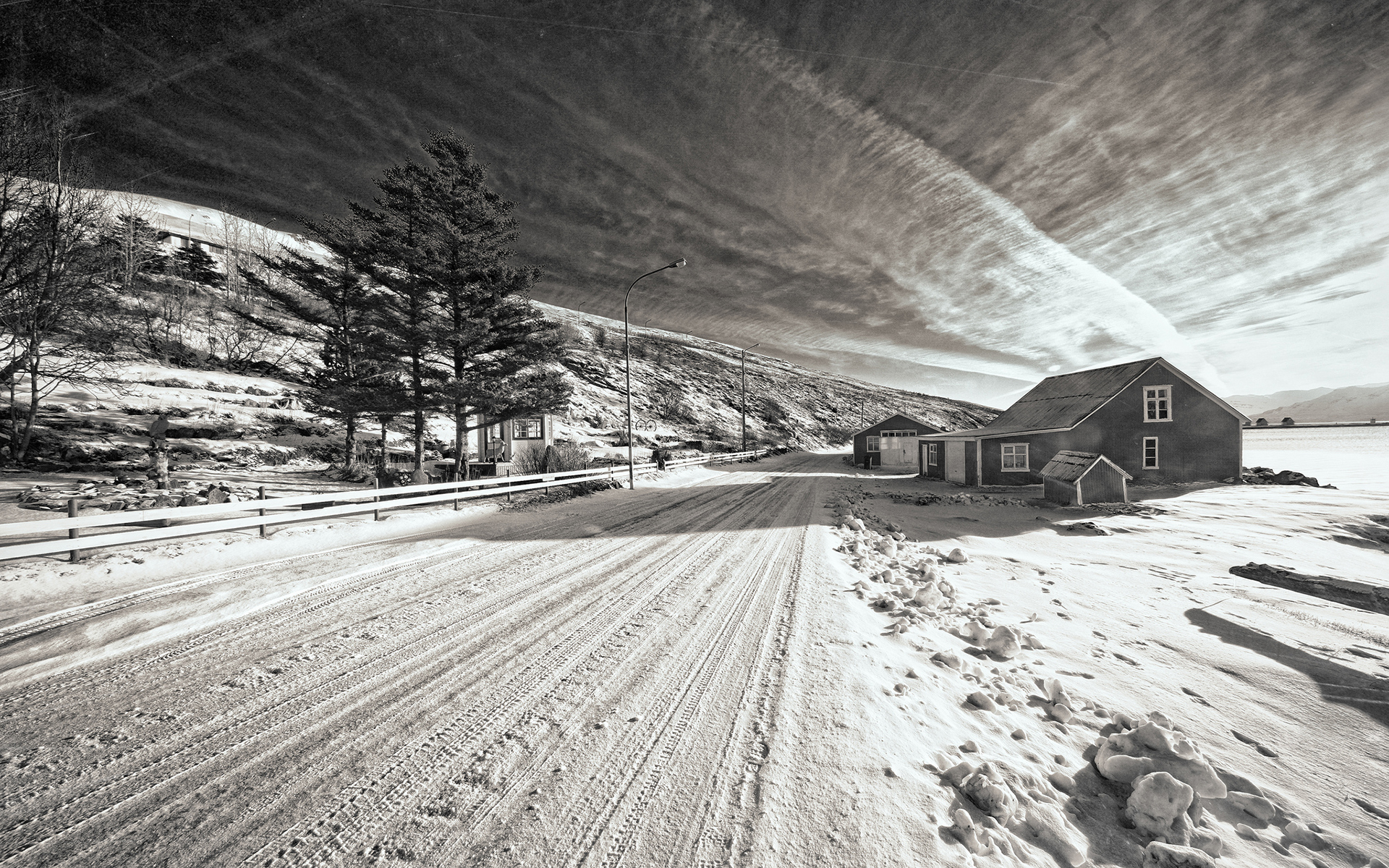 snow, Winter, Road, House, Bw, Trees, Black, White, Roads, Architecture, Houses, Sky, Clouds Wallpaper