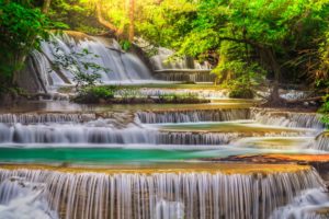river, Waterfall, Green, Water, Blue, Forest, Nature, Sky