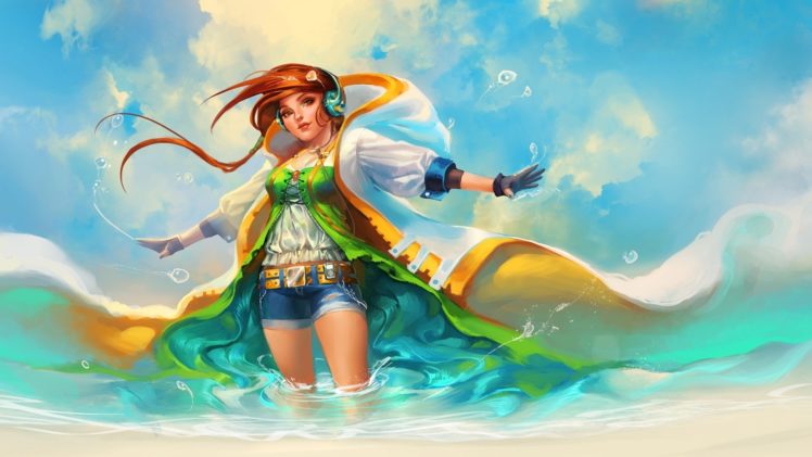 sakimichan, Anime, Music, Headphones, Ocean, Sea, Waves, Drops, Bubbles, Girl HD Wallpaper Desktop Background