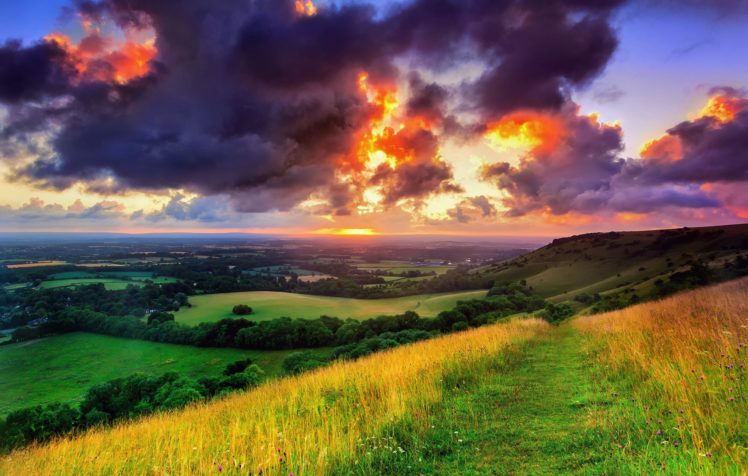sunset, Nature, Filed, Green, Sky HD Wallpaper Desktop Background