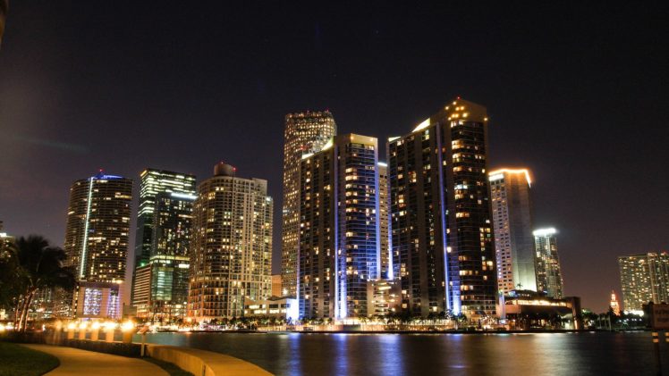 florida, Miami, Tower, Marina, Bridge, Beach, Monuments, Usa, Night, Urban, Cities, United, States, Panorama, Panoramic HD Wallpaper Desktop Background