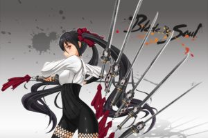 black, Hair, Blade, And, Soul, Long, Hair, Midnight, Orange, Eyes, Skintight, Sword, Twintails, Weapon
