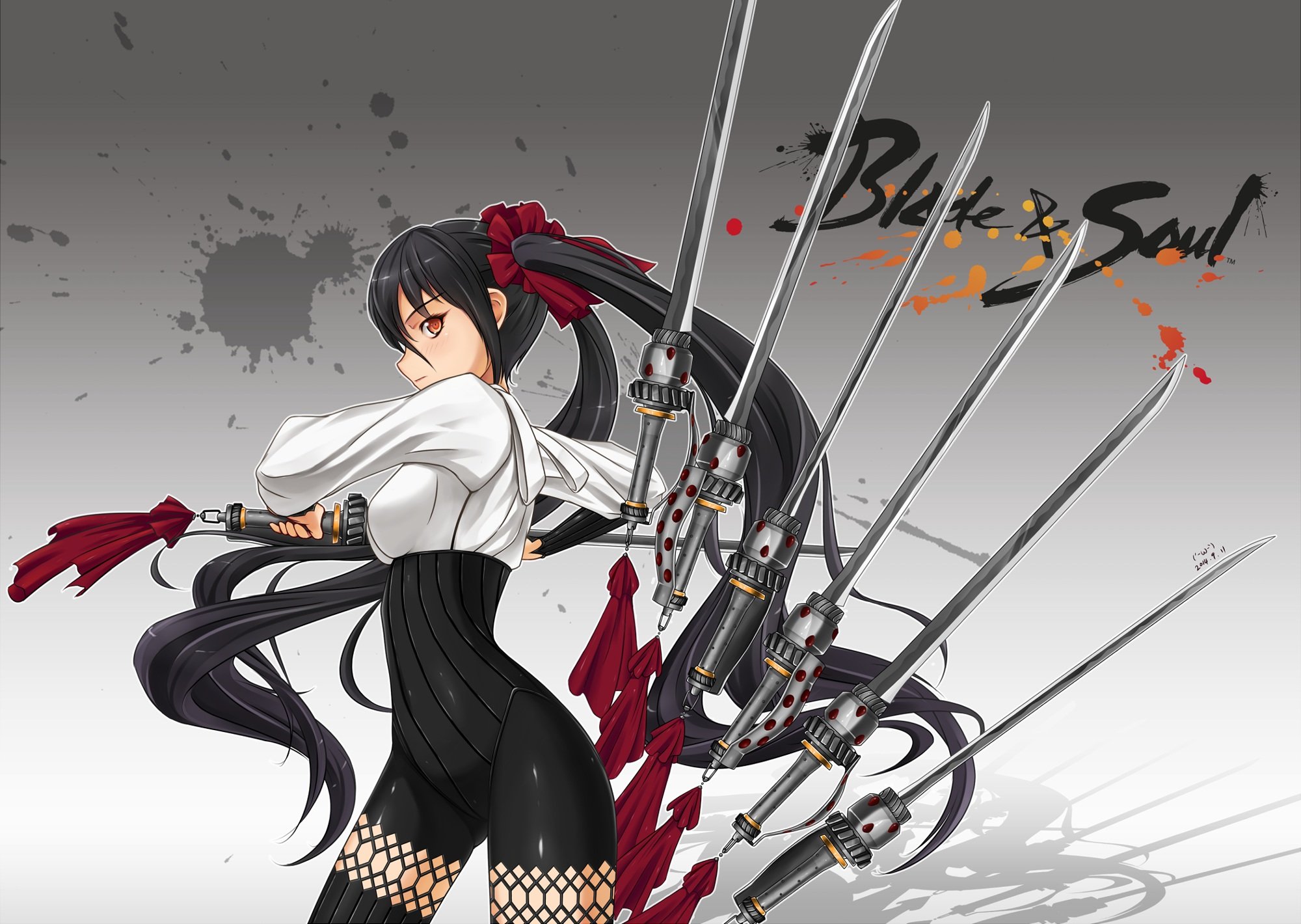 black, Hair, Blade, And, Soul, Long, Hair, Midnight, Orange, Eyes, Skintight, Sword, Twintails, Weapon Wallpaper