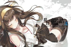 blush, Breasts, Brown, Hair, Bubbles, Cleavage, Headband, Japanese, Clothes, Kongou,  kancolle , Long, Hair, Skirt, Sleeping, Thighhighs, Underwater, Water