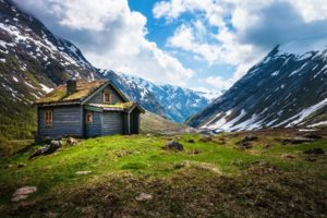 cabin, Housesw, Buildings, Mountains, Sky, Clouds