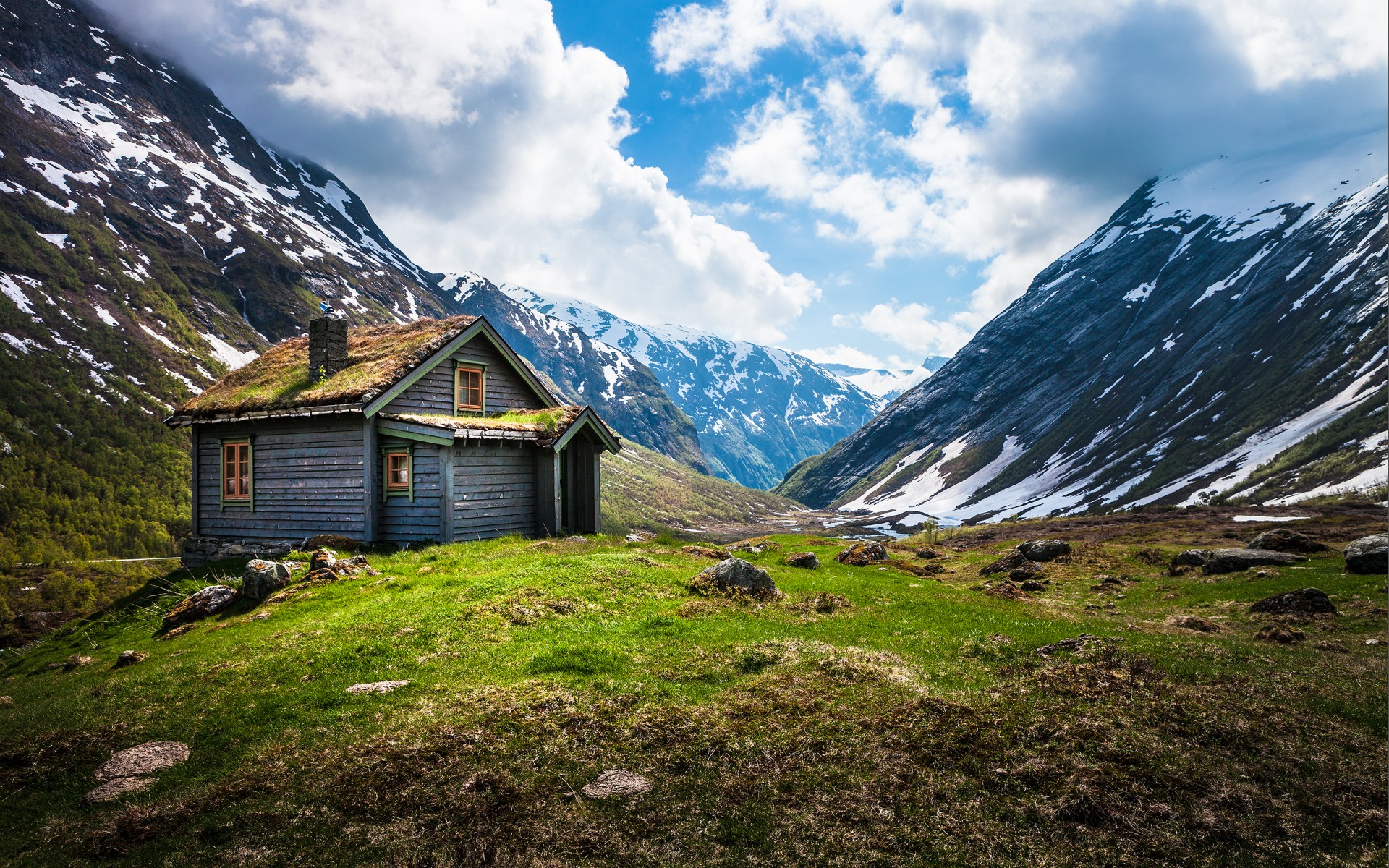 cabin, Housesw, Buildings, Mountains, Sky, Clouds Wallpaper