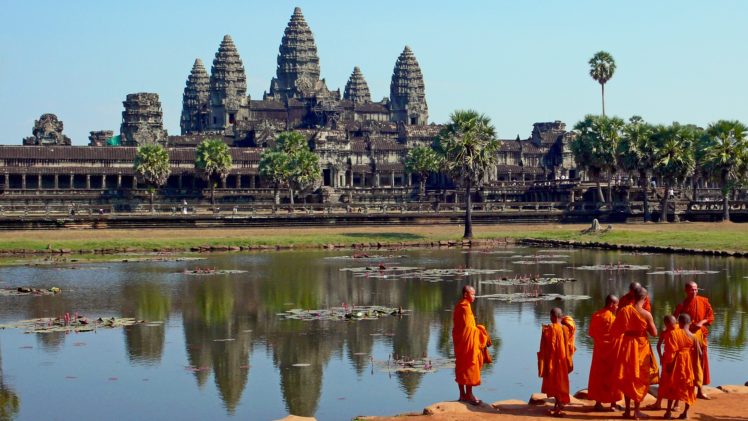 cambodia, Temple, Angkor, Wat, Monks, Men, Males, People, Architecture, Buildings HD Wallpaper Desktop Background