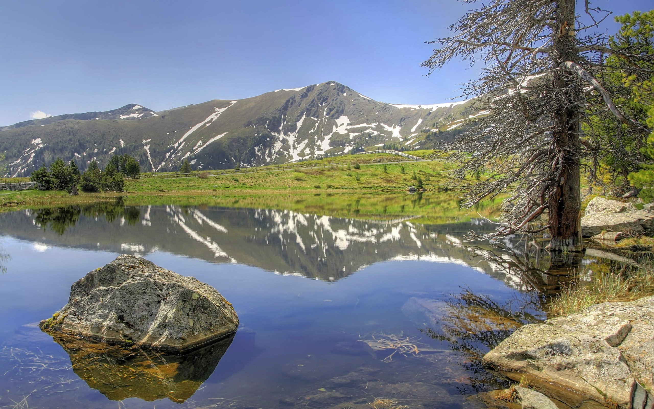 mountains, Nature, Snow, Rocks, Green, Sky, River, Lake Wallpaper