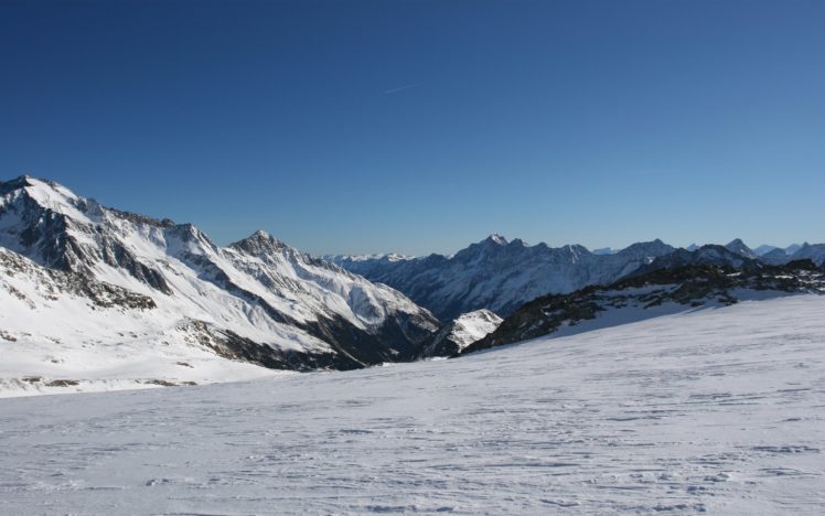 mountains, Nature, Snow, Rocks, Green, Sky, River, Lake HD Wallpaper Desktop Background