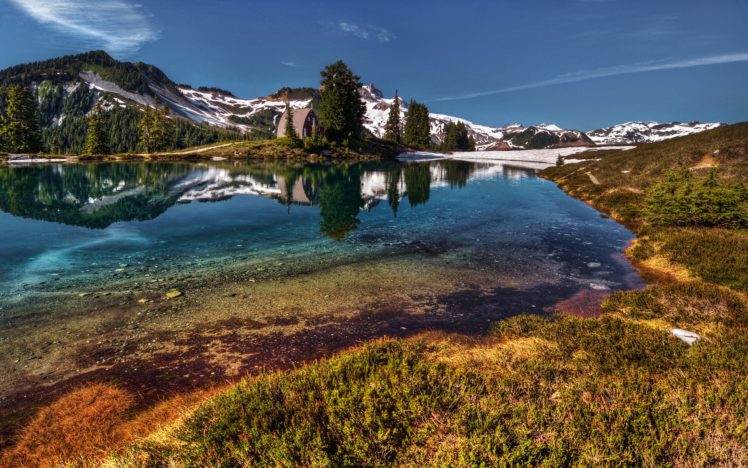 mountains, Nature, Snow, Rocks, Green, Sky, River, Lake HD Wallpaper Desktop Background