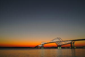 bridge, Ocean, Sunset