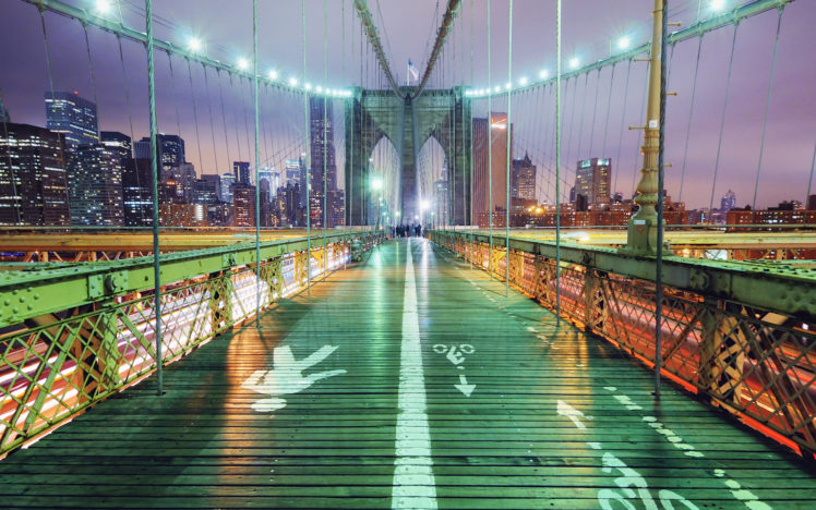 brooklyn, Bridge, Bridge, Cables, New, York, Buildings, Night, Lights, Path, Trail, Cities HD Wallpaper Desktop Background