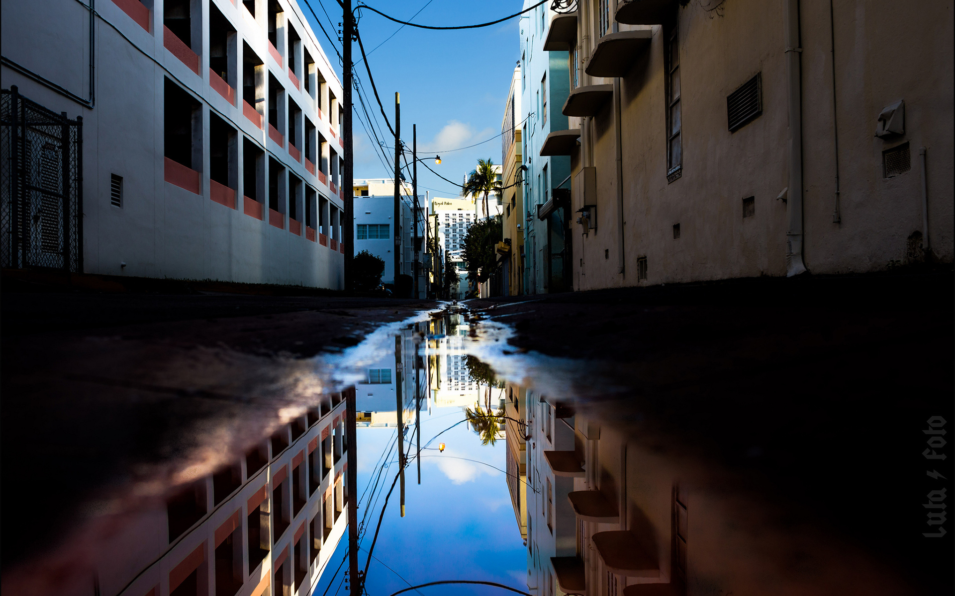 buildings, Puddle, Reflection, Alley Wallpaper