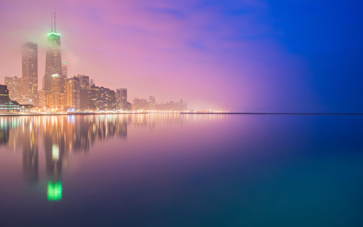 chicago, Buildings, Skyscrapers, Lake, Night, Lights, Reflection HD Wallpaper Desktop Background