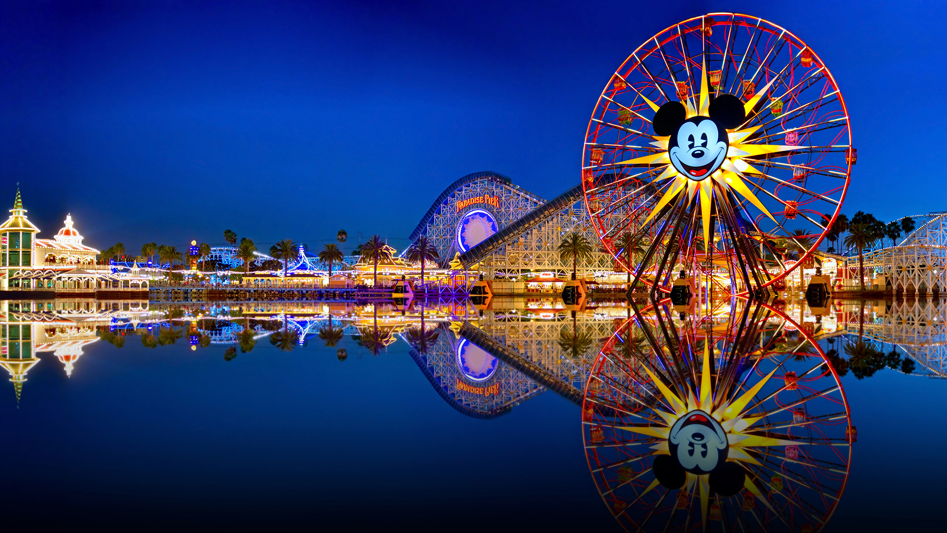 disneyland, California, Adventure, Land, Ferris, Wheel, Roller, Coaster, Reflection Wallpaper