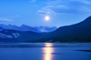 mountains, Lakes, Reflection, Sky, Moon, Night