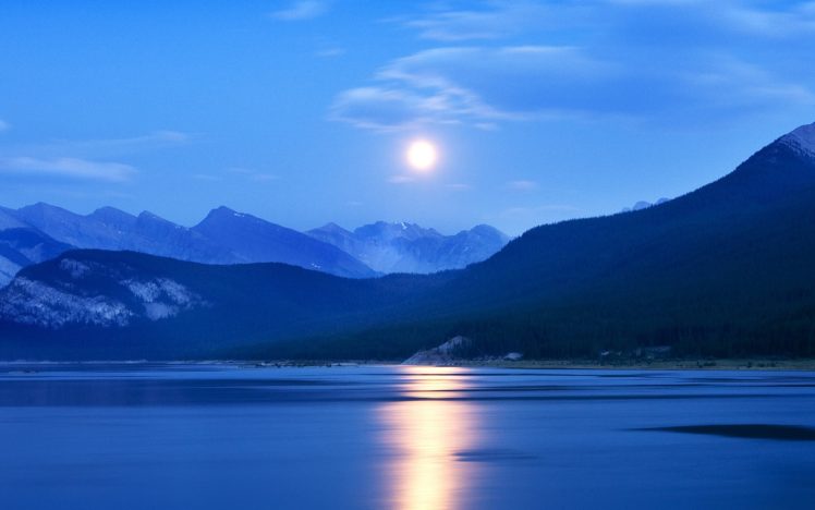 mountains, Lakes, Reflection, Sky, Moon, Night HD Wallpaper Desktop Background