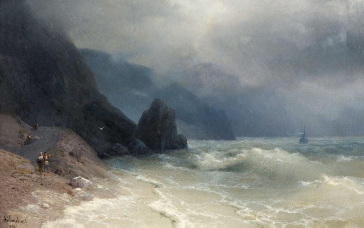 painting, Beach, Ocean, Fog, Ship, Boat, People, Waves, Storm HD Wallpaper Desktop Background