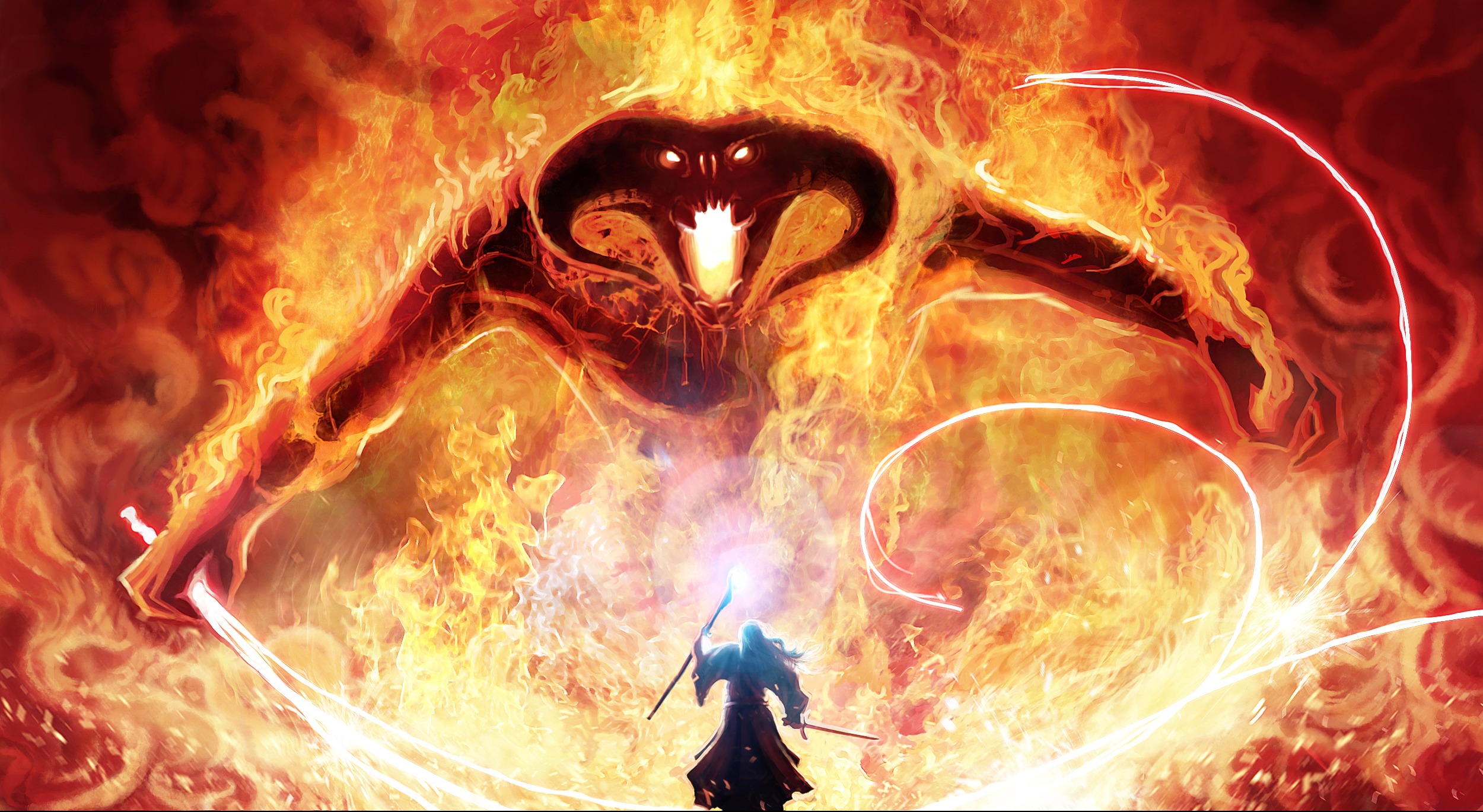 llord, Of, The, Rings, Gandalf, Magician, Magic, Monster, Balrog, Whip, Sword, Staff, Movies, Demon, Fire Wallpaper