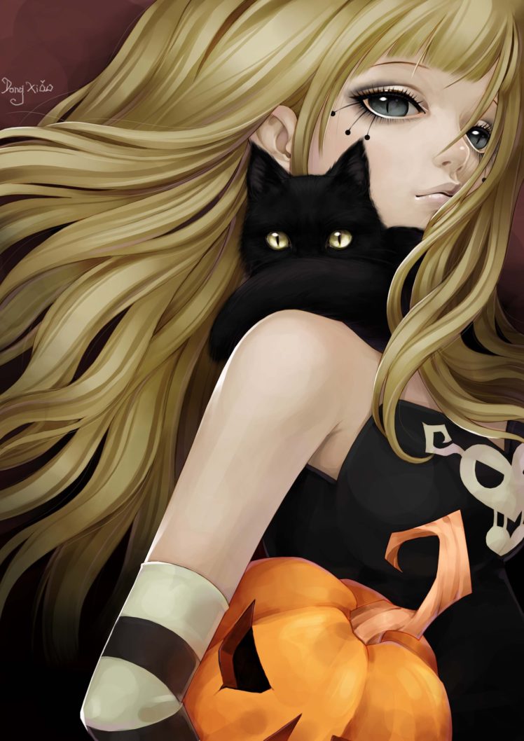 blond, Long, Hair, Cat, Girl, Yellow, Witch HD Wallpaper Desktop Background