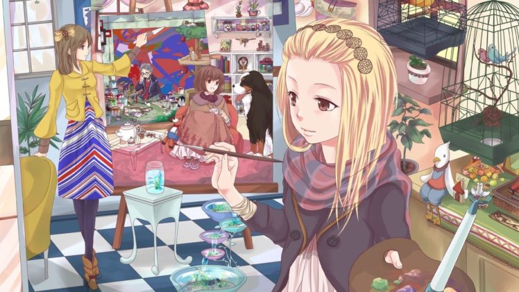 anime, Girl, Paint, Flower, Animal, Bird, Drawing HD Wallpaper Desktop Background