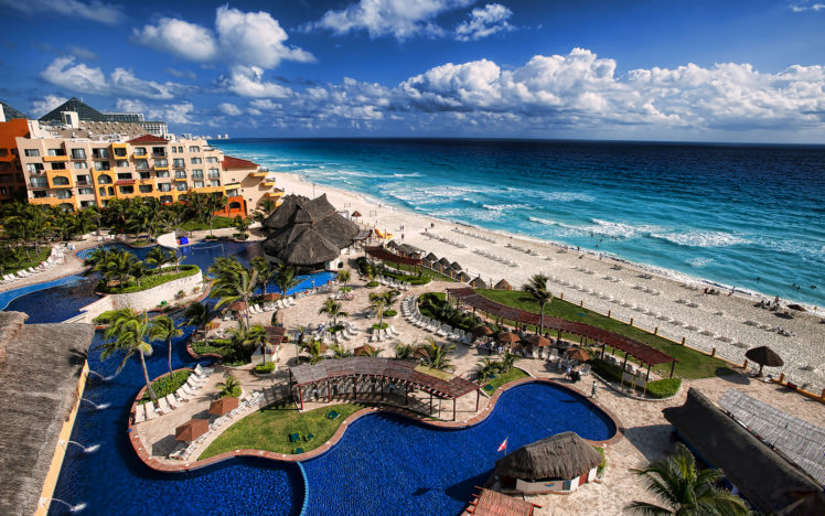 resort, Pool, Tropical, Beach, Ocean, Hotel, Ocean, Waves, Sky, Clouds HD Wallpaper Desktop Background