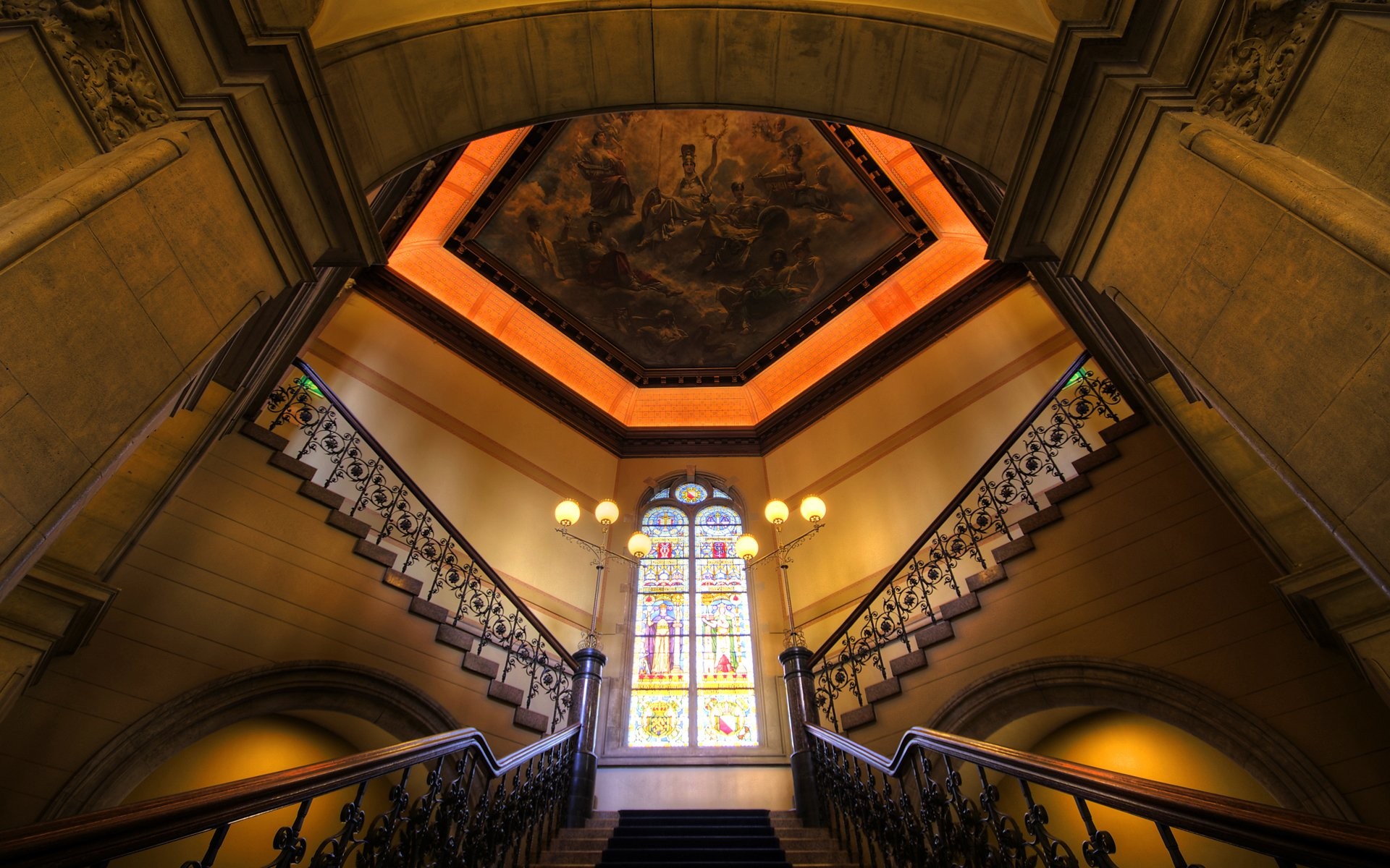 stairs, Staircase, Window, Painting, Stained, Glass, Room, House, Mansion, Interior Wallpaper