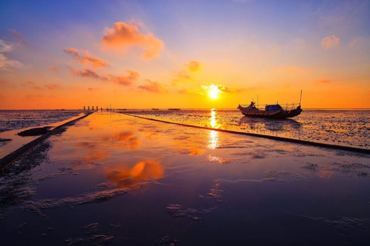 clouds, Sunset, China, Taiwan, Changhua, Reflection, Ocean, Sea, Boat HD Wallpaper Desktop Background