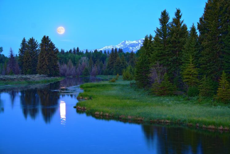 river, Forest, Trees, Moon, Mountains, Landscape HD Wallpaper Desktop Background