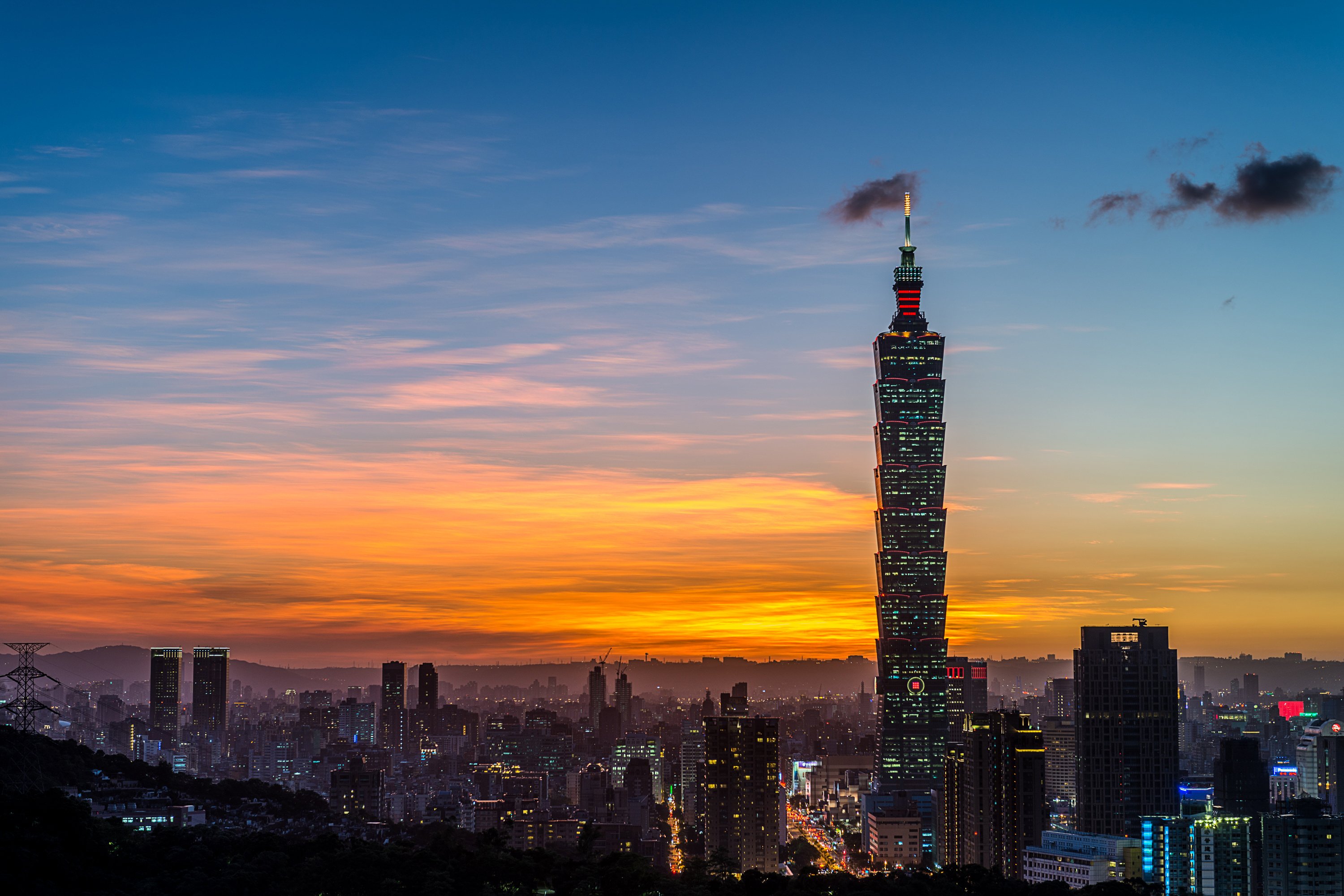 clouds, Sunset, China, China, Taiwan, Taipei, City, Tower, Night, Sky, Light, Lights Wallpaper