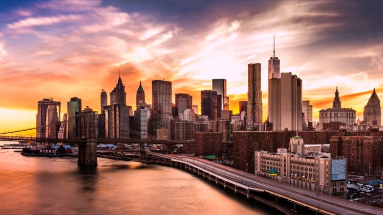usa, Skyscrapers, Rivers, Bridges, Roads, Sunrises, And, Sunsets, New, York, City, Cities HD Wallpaper Desktop Background