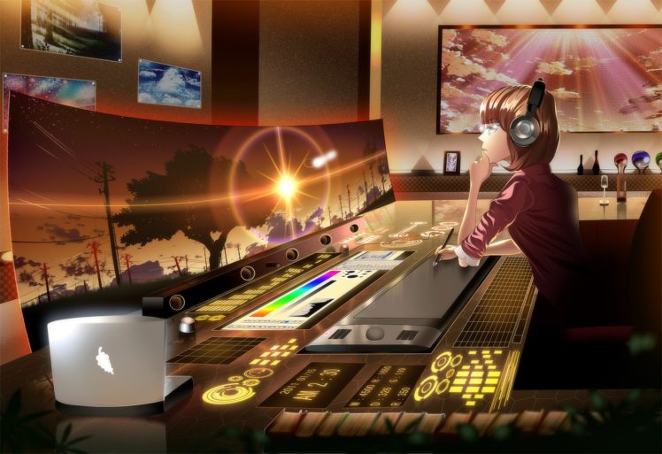anime, Screen, Headphones, Desk, Computer, Original HD Wallpaper Desktop Background