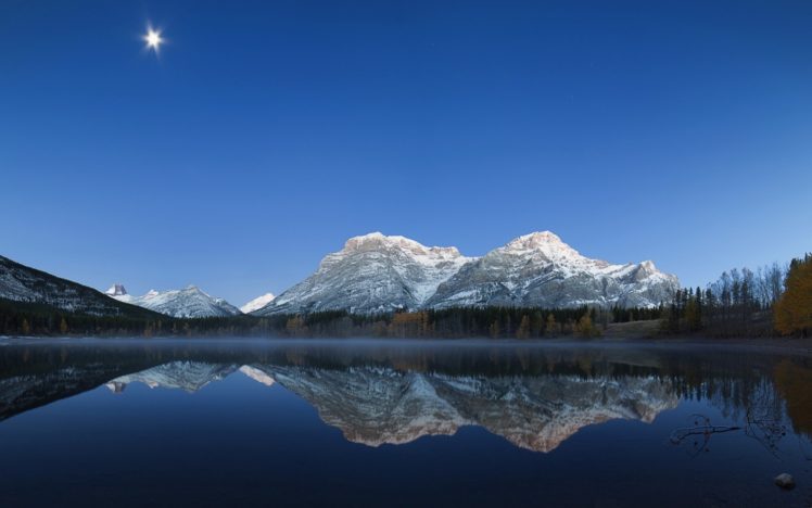 kananaskis, Country, Mountains, Landscape, Alberta, Lakes, Reflection, Sky, Moon, Autumn, Fall, Trees HD Wallpaper Desktop Background