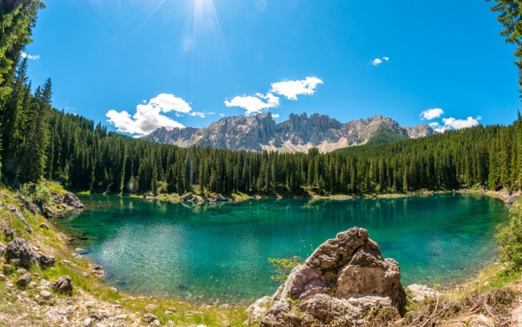 lake, Lago, Di, Carezza, Wood, Stone, Trees, Mountasins, Sky HD Wallpaper Desktop Background