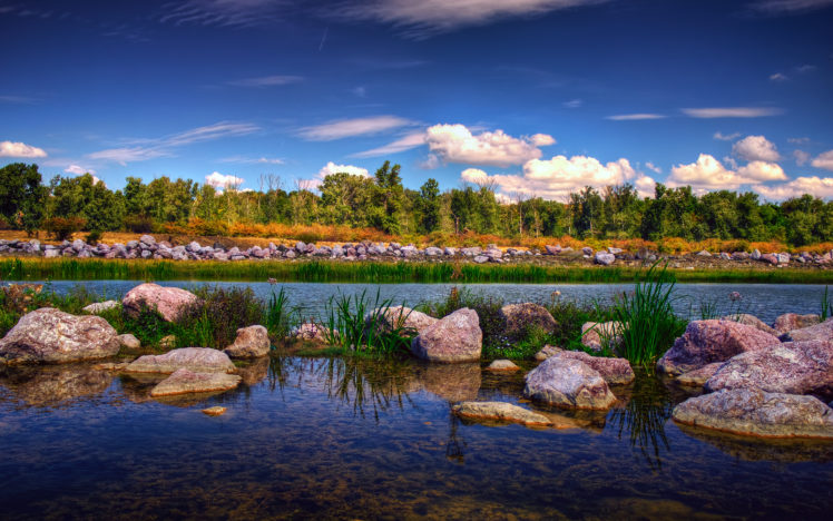 rocks, Stones, Lake, Trees, Sky HD Wallpaper Desktop Background