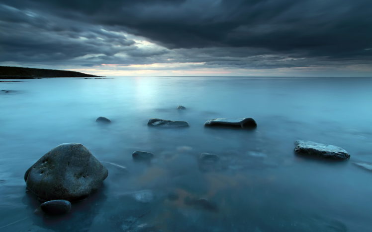 sea, Aeyaey, Night, Rocks, Landscape, Ocean, Sky, Clouds HD Wallpaper Desktop Background