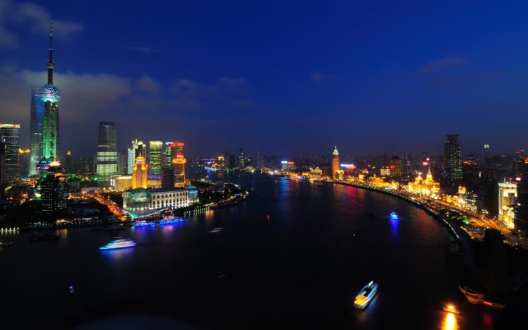 shanghai, Buildings, Skyscrapers, River, Night HD Wallpaper Desktop Background