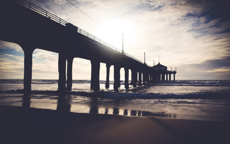 pier, Ocean, Warm, Beach, Sunlight, Waves, Sky, Clouds HD Wallpaper Desktop Background