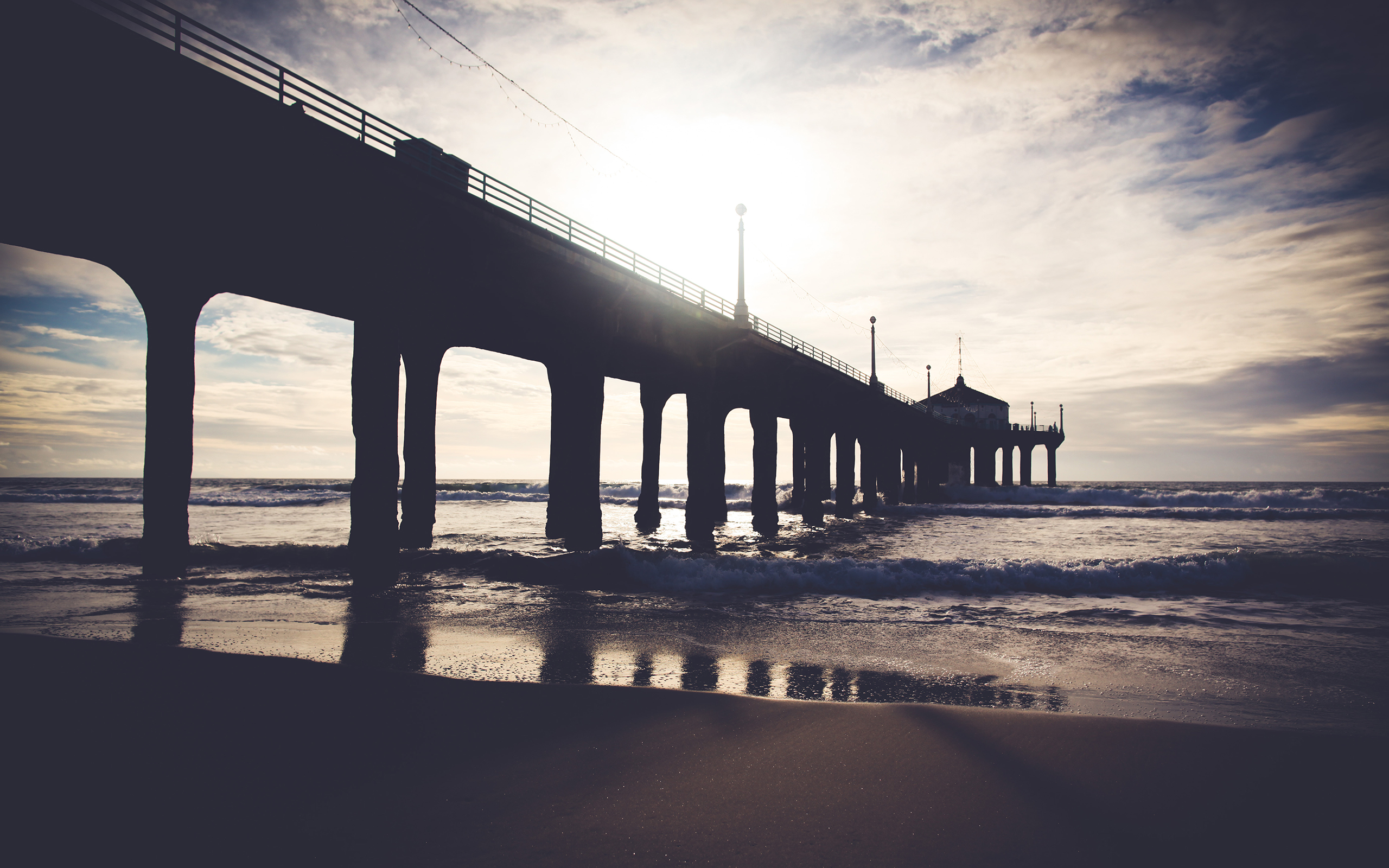 pier, Ocean, Warm, Beach, Sunlight, Waves, Sky, Clouds Wallpaper