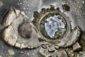 stereographic, Reflection, Trees, Buildings, Rocks, Stones