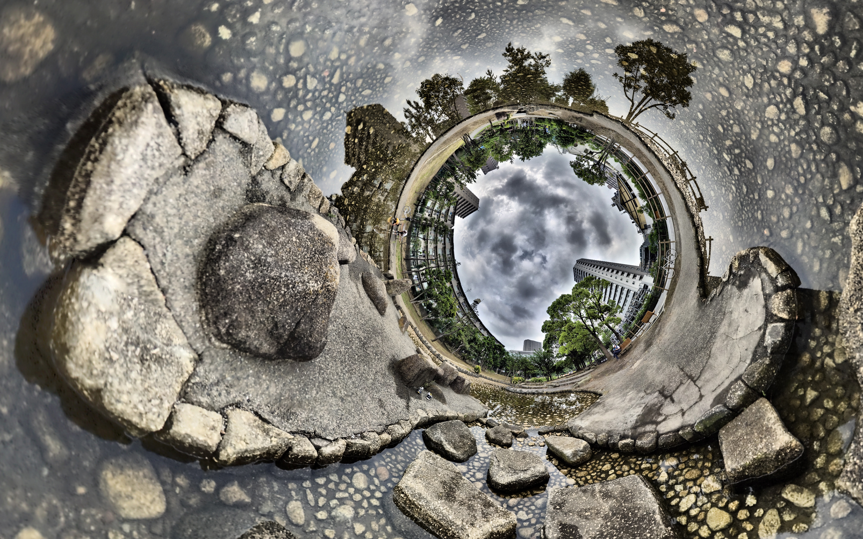 stereographic, Reflection, Trees, Buildings, Rocks, Stones Wallpaper