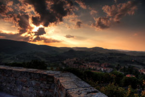 toscana, Italy, Tuscany, Sunset, Town, Sky, Clouds, Fence, Buildings